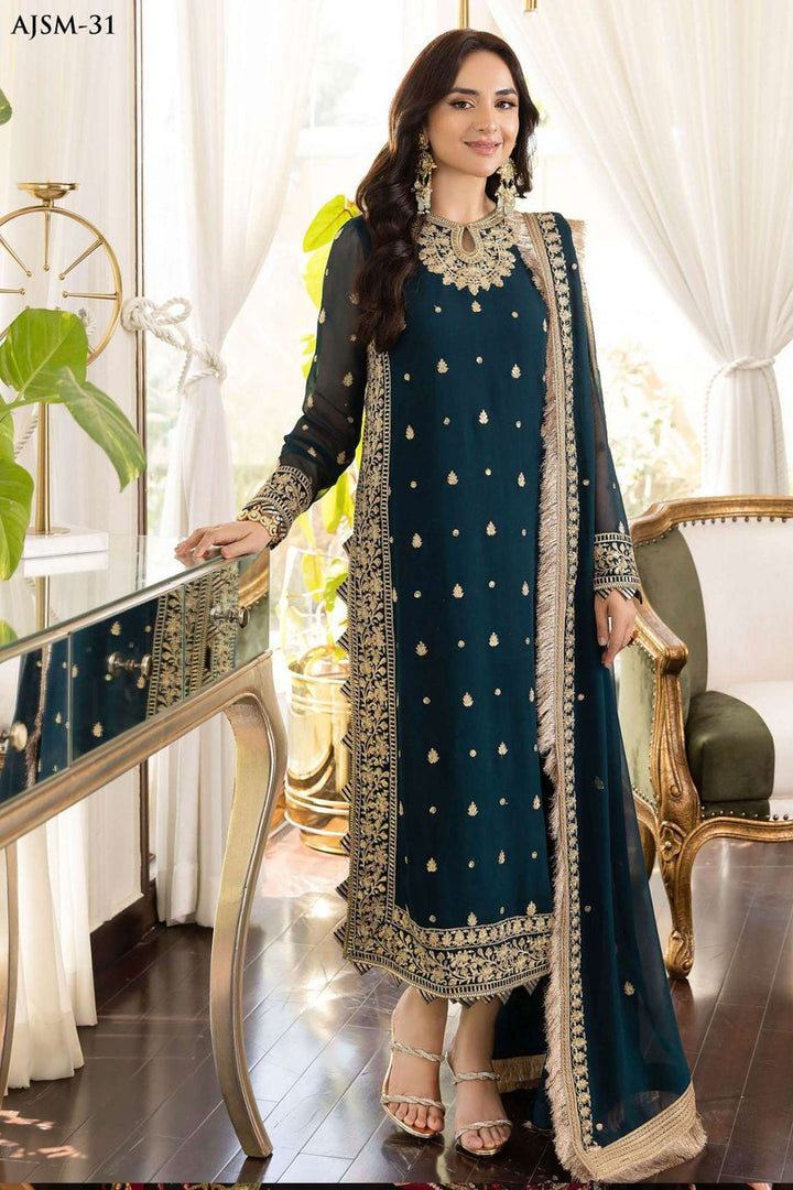 Asim Jofa Luxury Embroidered Chiffon Suit – 3 Piece Unstitched with Heavy Dupatta