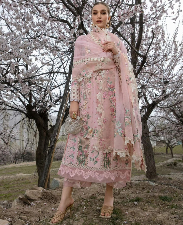 Luxury Embroidered Lawn & Organza 3-Piece Unstitched Suit with Chikan Kari Work